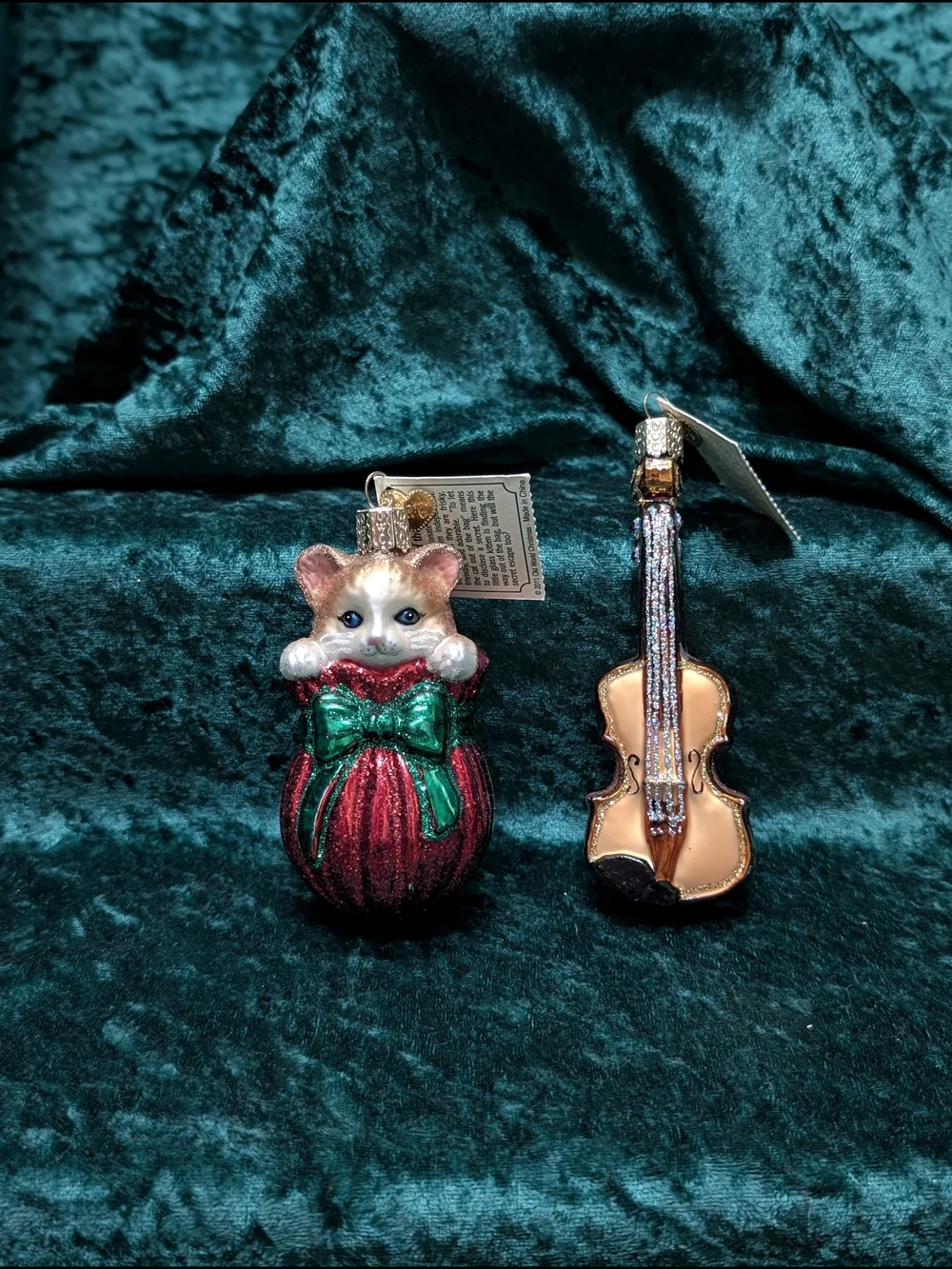 Old World Christmas OWC Letting The Cat Out And Violin Ornament Lot Of 2